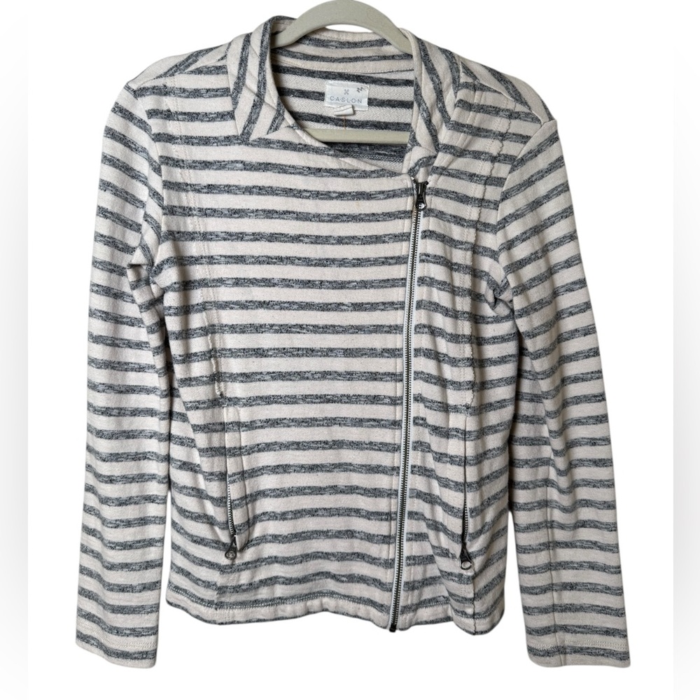 Caslon Black and White Striped Knit Zip Up Jacket